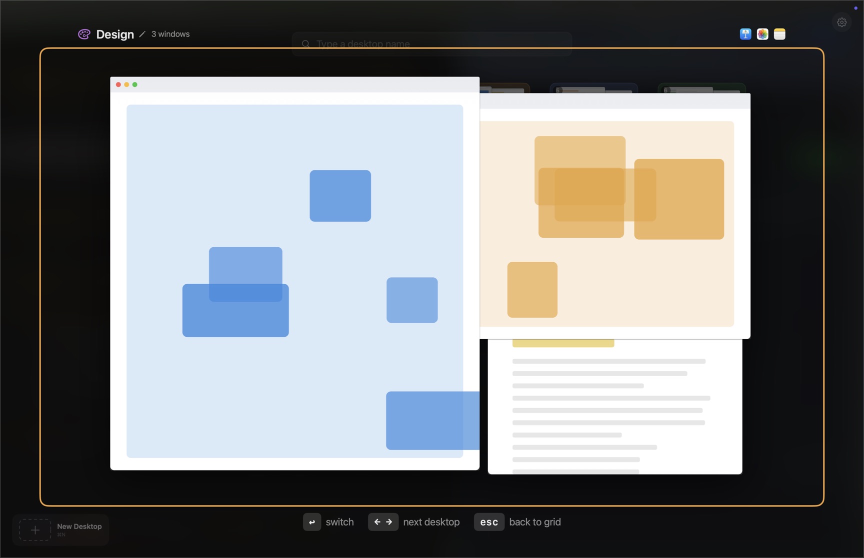 The Board's full-size view of the Design desktop: its three windows fill an amber-ringed frame, the name Design with a pencil and 3 windows sit above it, three app icons sit at the top right, and the tips along the bottom read switch, next desktop, back to grid.