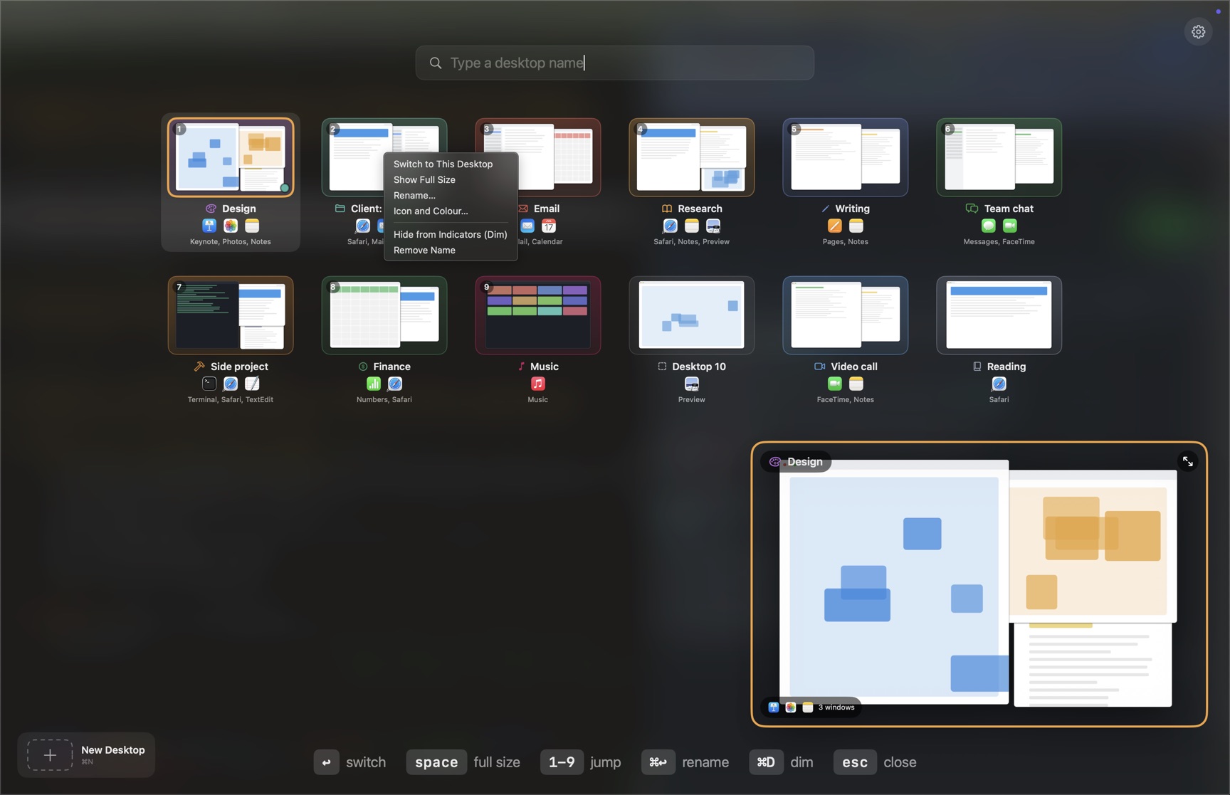 A right-click menu open over the Client: Northwind tile on the Board, between the Design and Email tiles. Its items read Switch to This Desktop, Show Full Size, Rename, Icon and Colour, Hide from Indicators (Dim), Remove Name.