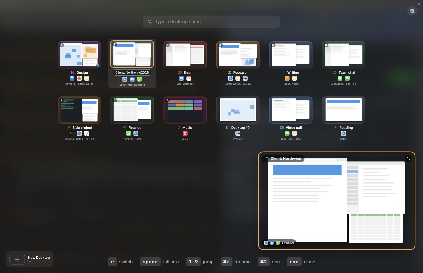 Three Board tiles: Design, Client: Northwind and Email. The middle tile is ringed in amber and an inline text field under it reads Client: Northwind2026, with the cursor at the end.